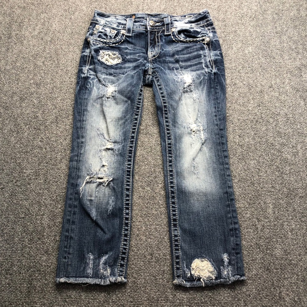Miss Me Distressed Crop Jeans Blue Medium Wash Sequin Embellished Size 27